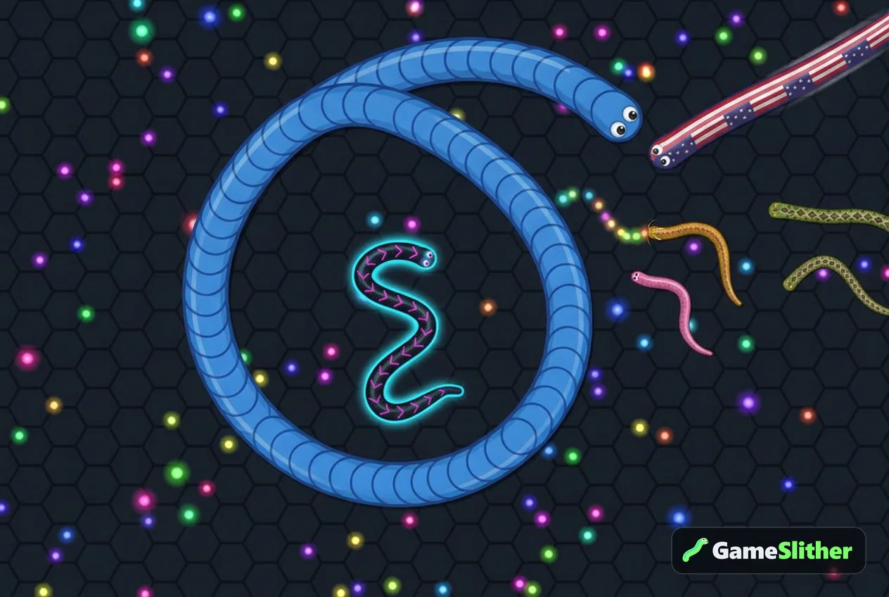 A busy multiplayer snake lobby with a large snake coiling around a smaller one