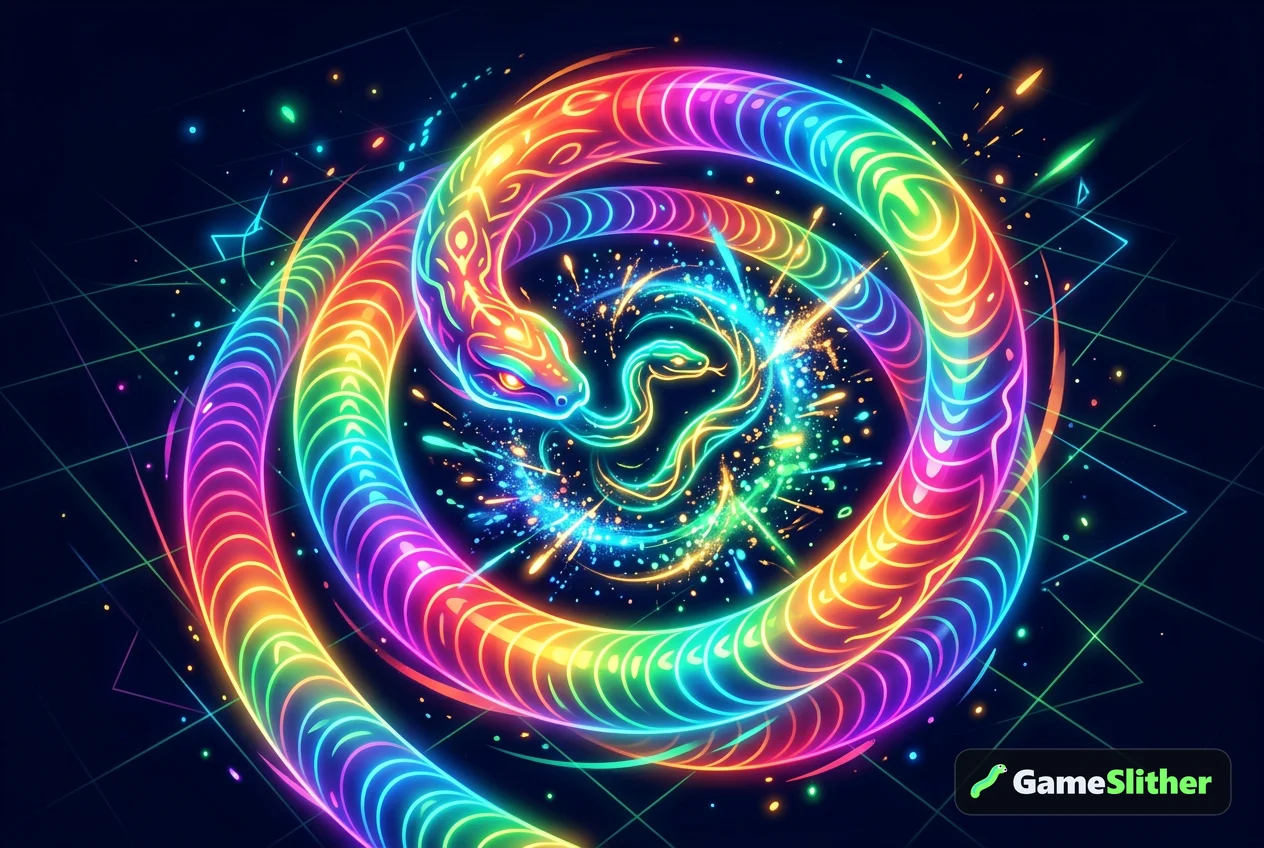 Serpiente luminosa cerrando un cerco en espiral sobre otra serpiente más pequeña