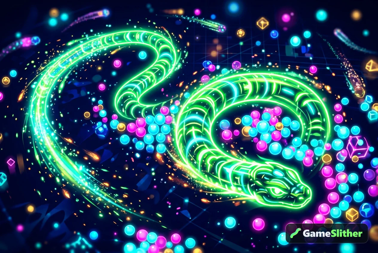 Serpiente de neón recogiendo esferas brillantes, ilustración de trucos juego serpiente slither io