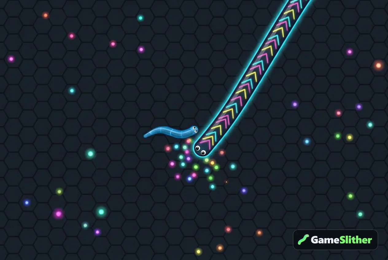A neon snake cutting off a smaller blue snake to score a kill