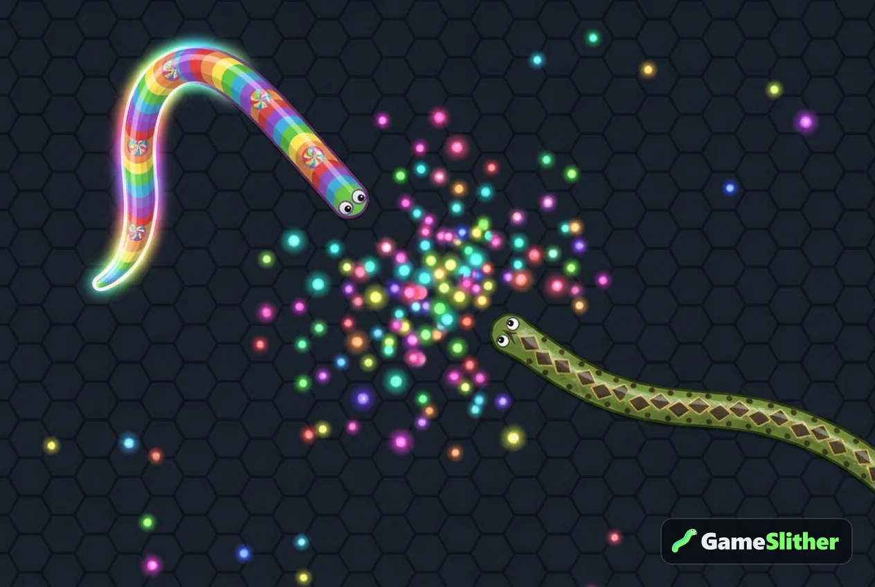 Two snakes racing for the pellets left behind by a defeated snake in a browser io game