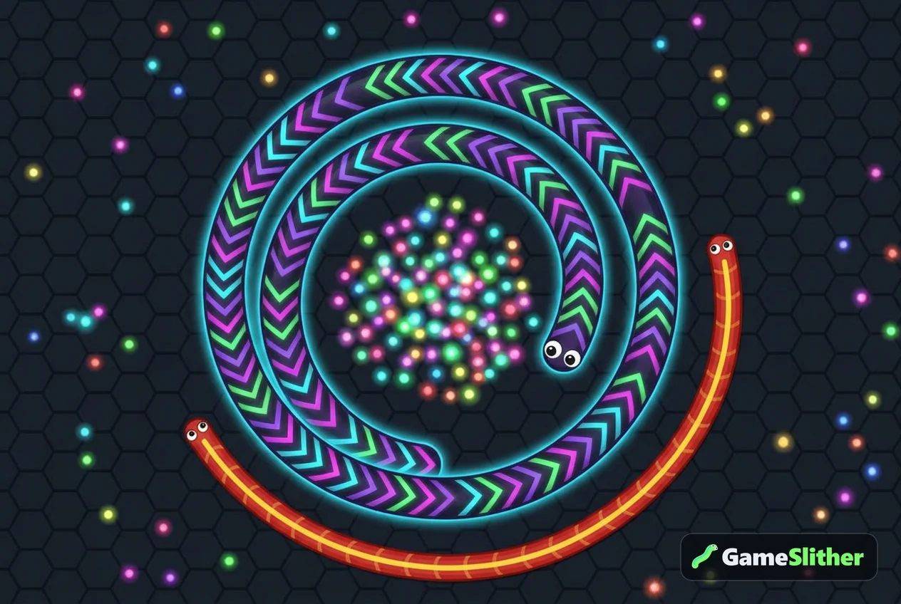 A long neon snake coiled around a pellet pile with a smaller snake circling outside