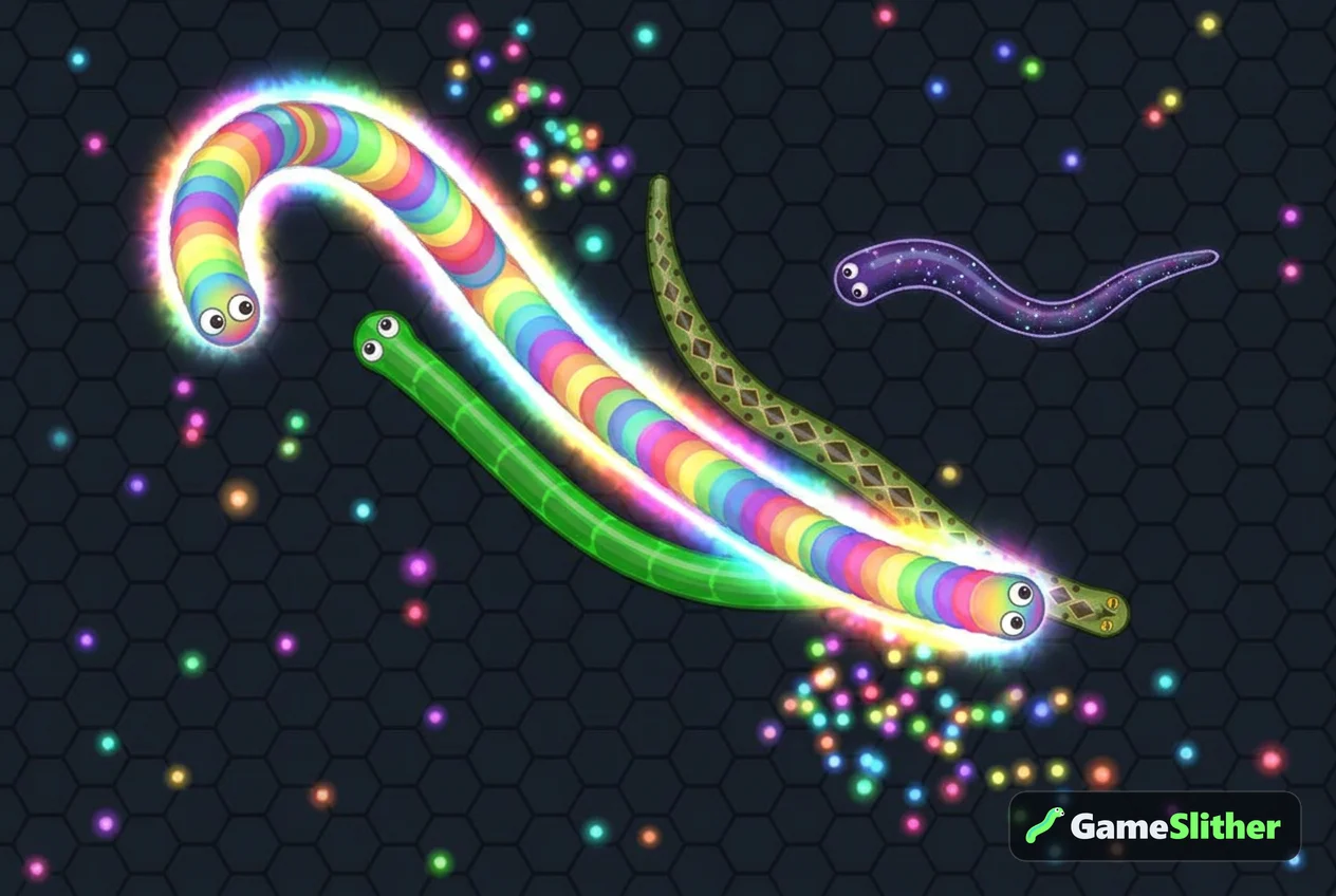 A boosting rainbow snake cutting off a smaller green snake in a slither io style game