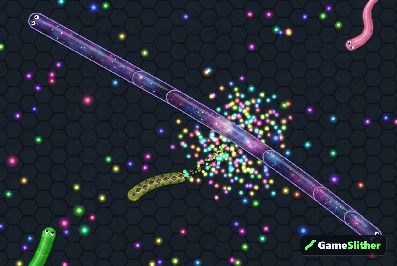 A medium snake crashing into a much longer snake's body and bursting into pellets