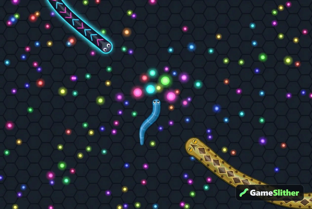 A small snake eating pellets while two larger snakes approach from the edges of the arena