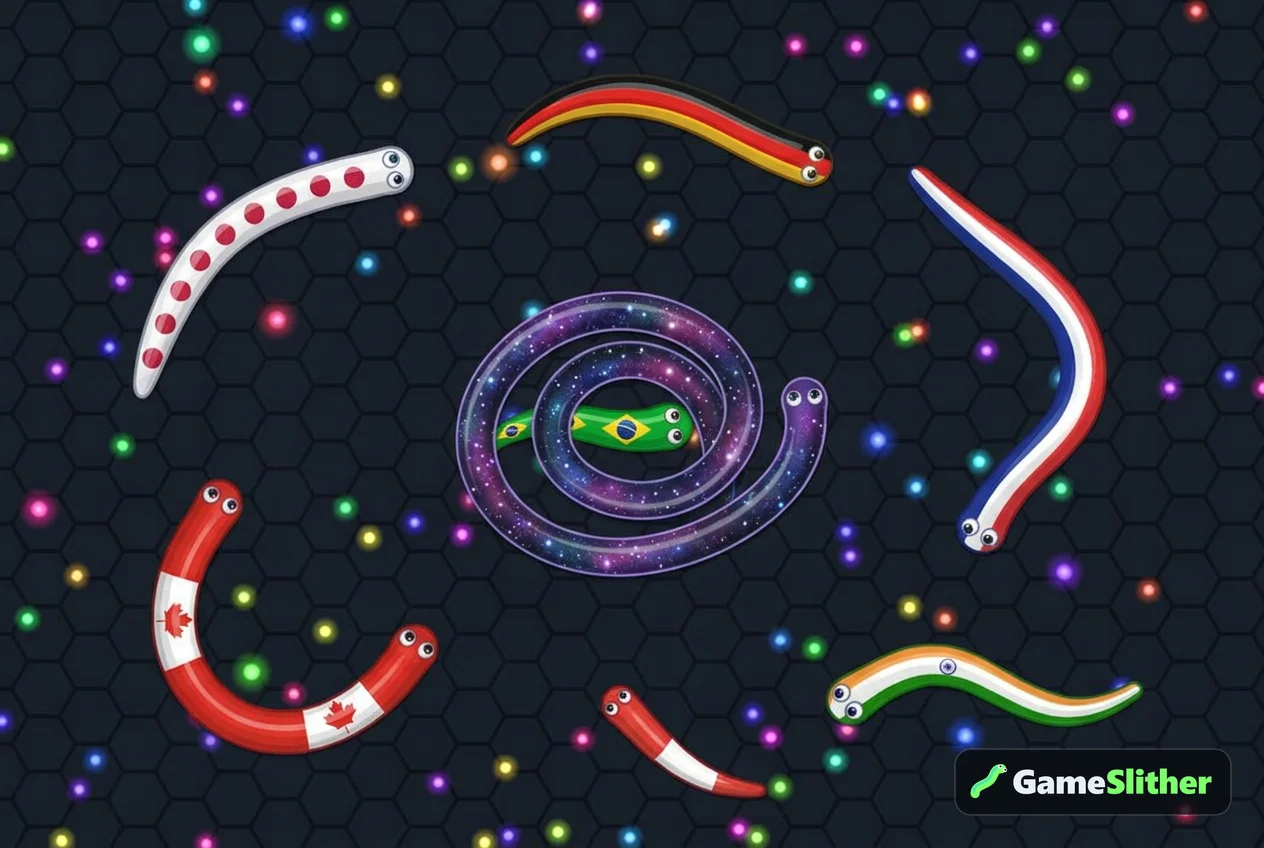 Several flag-skinned snakes in an arena while a long Galaxy snake coils around a smaller one