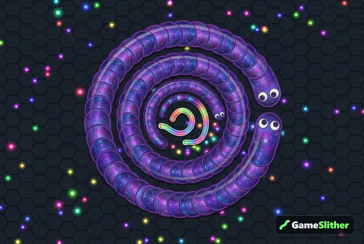 A large Galaxy snake coiling around a smaller Rainbow Candy snake in a tight trap