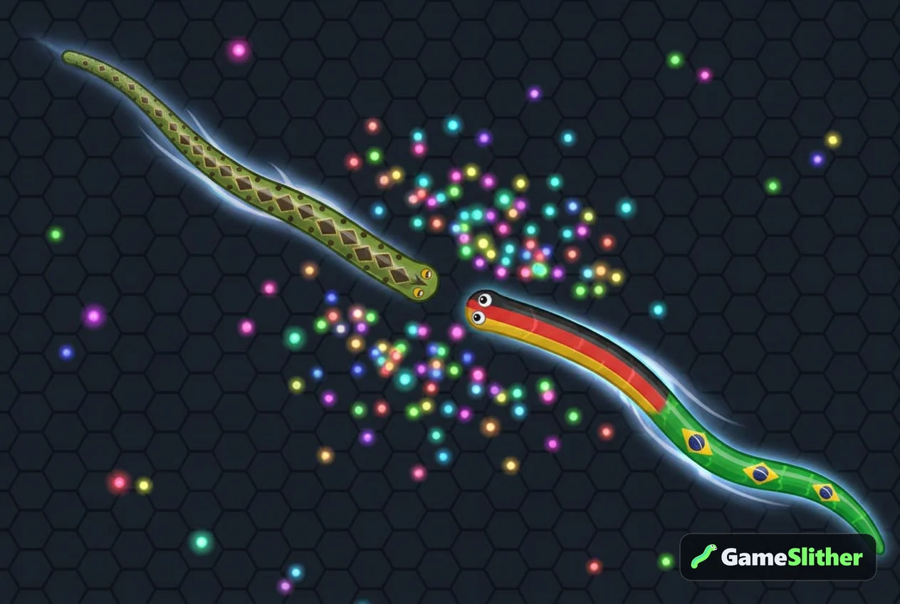 Two snakes boosting toward a cloud of pellets dropped by a defeated snake