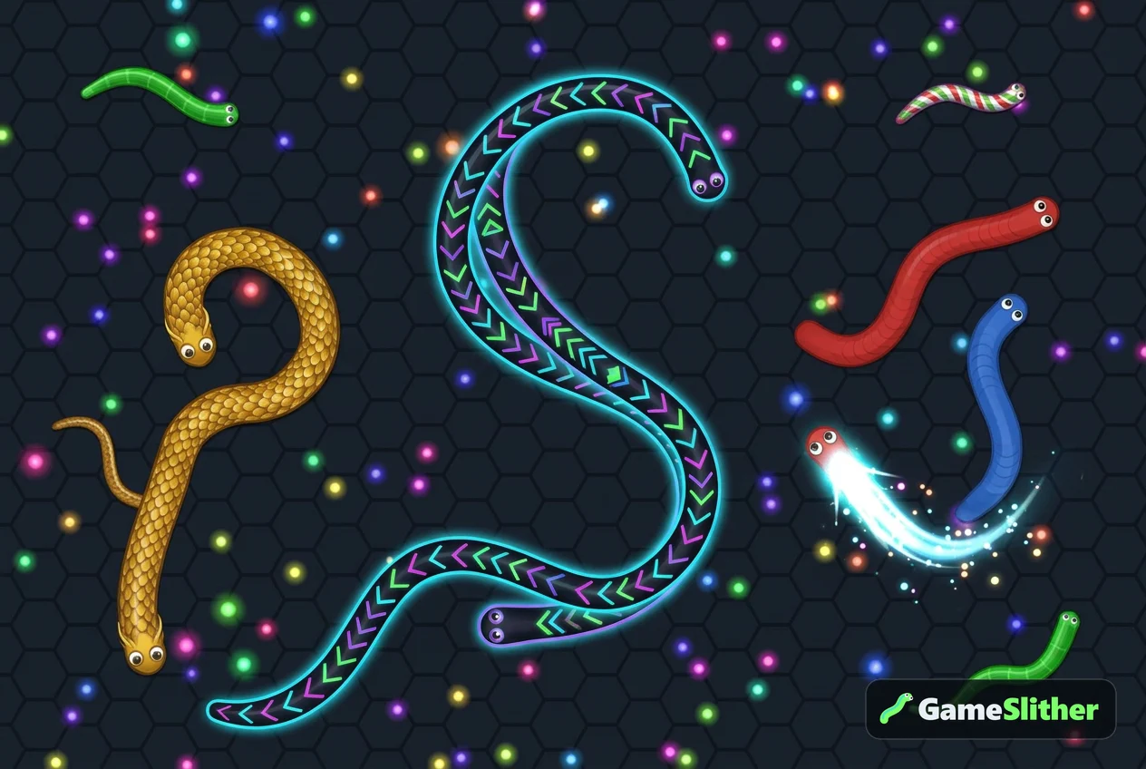 Busy top-down snake arena showing why snake games are so addictive with glowing pellets and long snakes